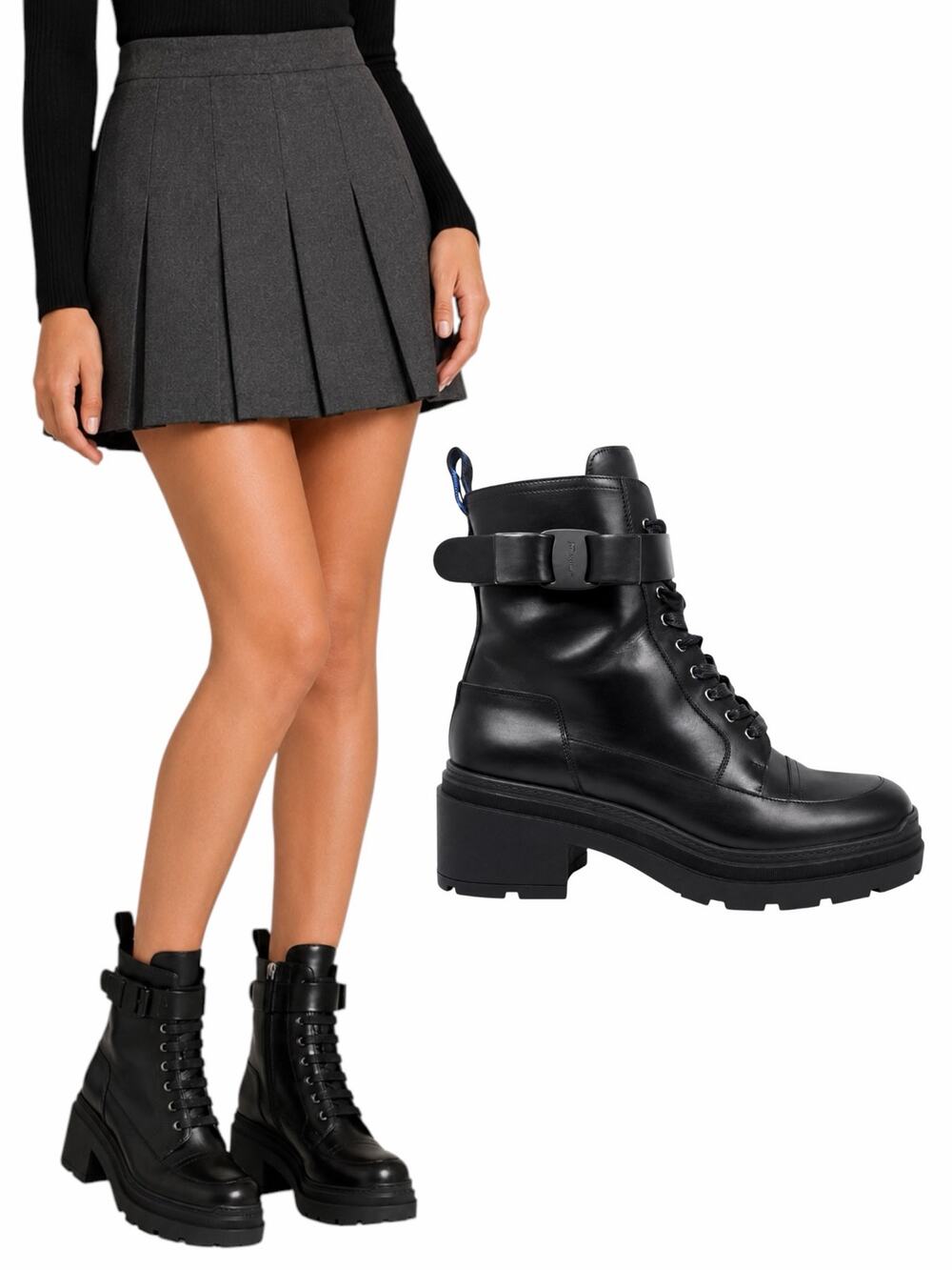 Salvatore Ferragamo Vara bow Lace Up Leather Combat Boots Black Size 9.5